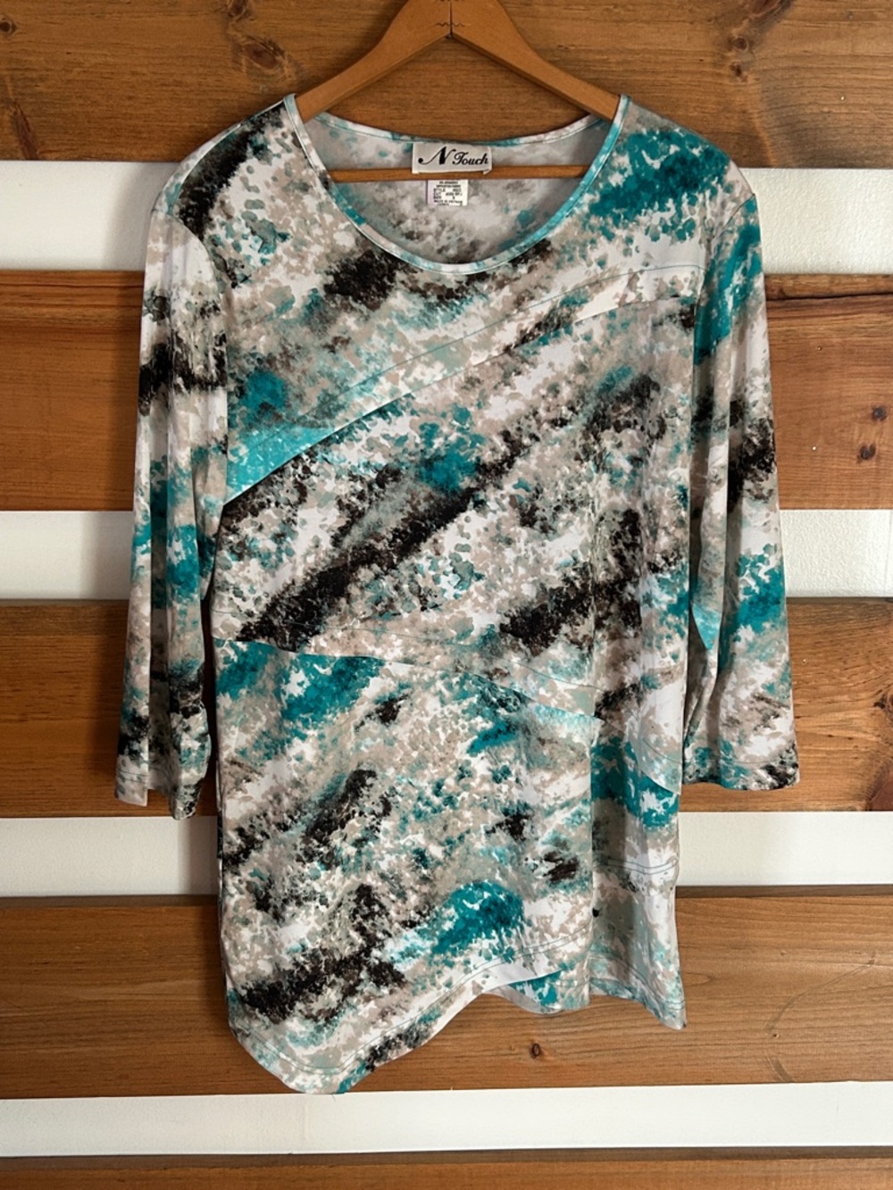 N Touch Abstract Teal, Black, White 3/4 Sleeve Business/Casual Top Size Small